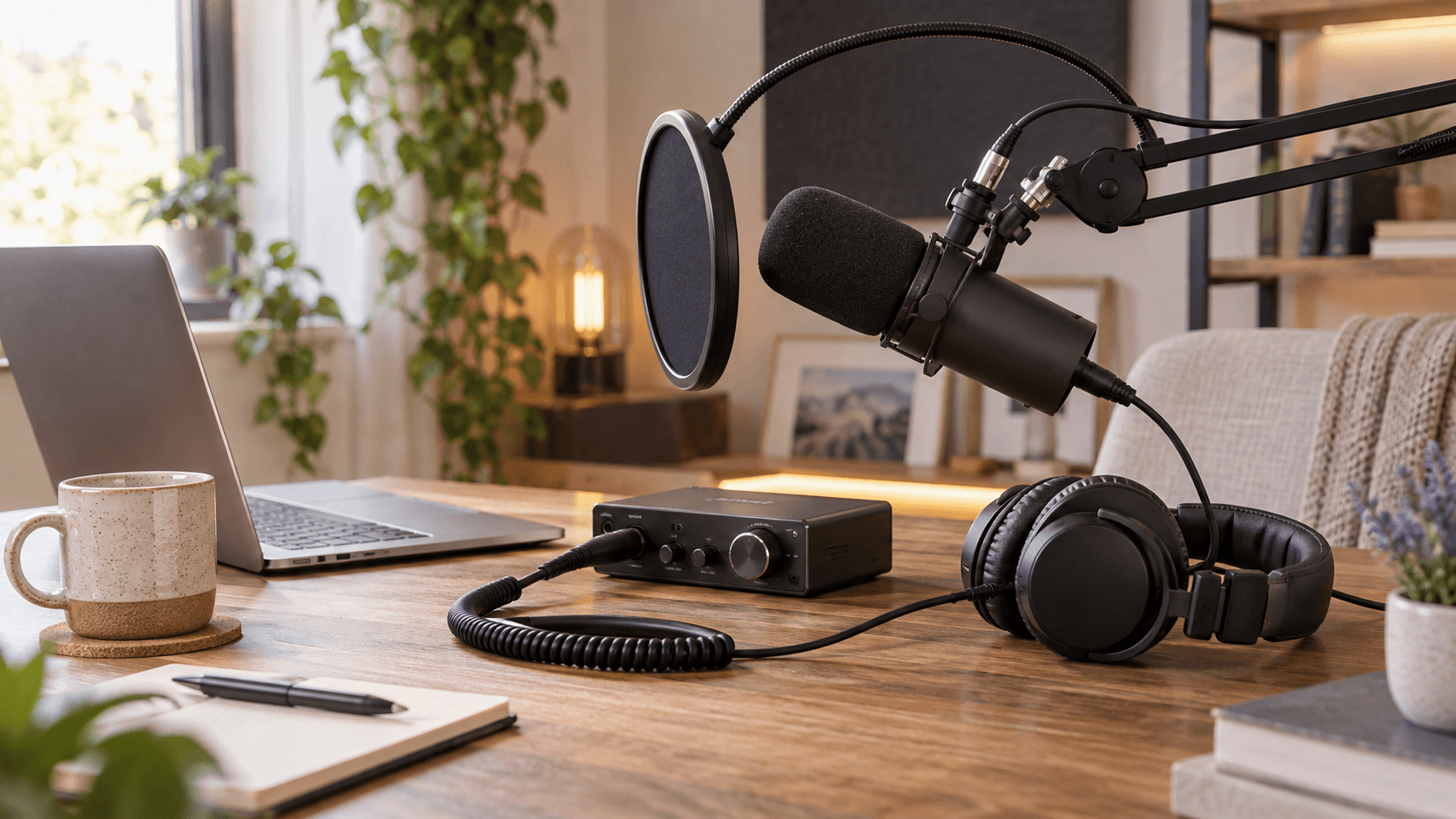 Podcast microphone setup with headphones, stand, and laptop