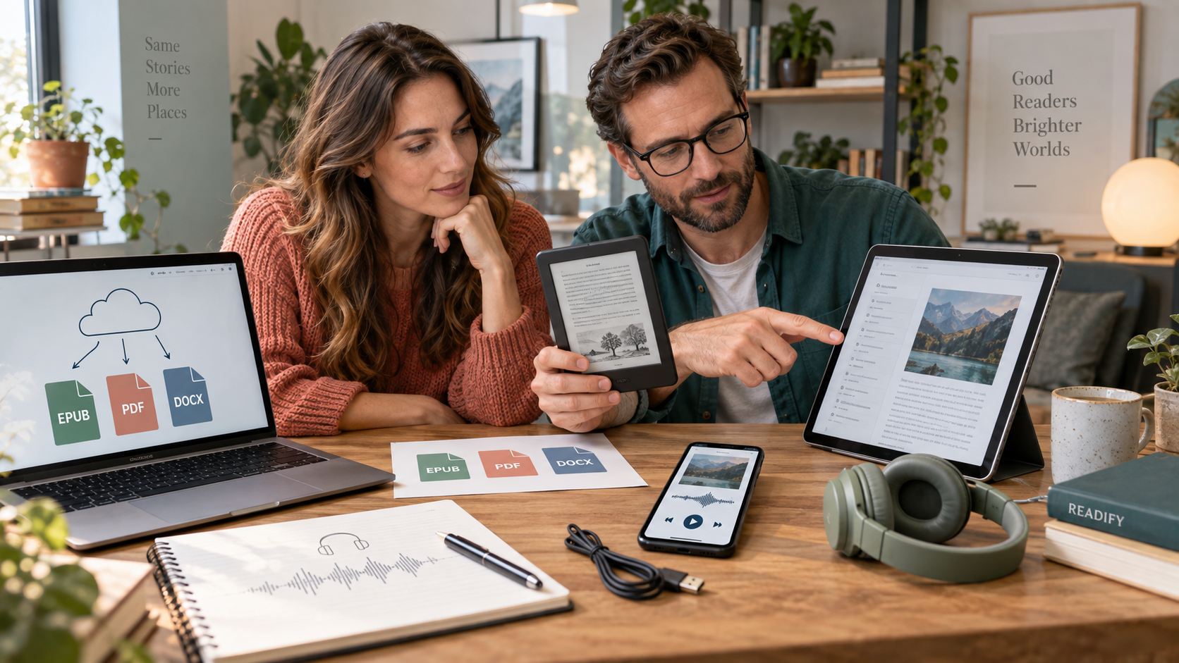 Image description: A realistic multi-device scene with two readers comparing a generic e-reader, tablet, laptop, EPUB/PDF/DOCX cards, headphones, and Readify audio playback.