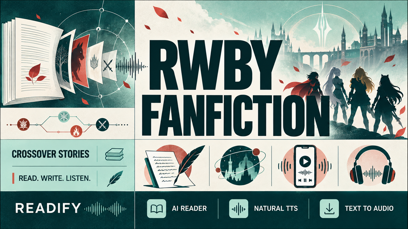 RWBY fanfiction poster with Readify AI Reader, headphones, manuscript pages, and audio waveform