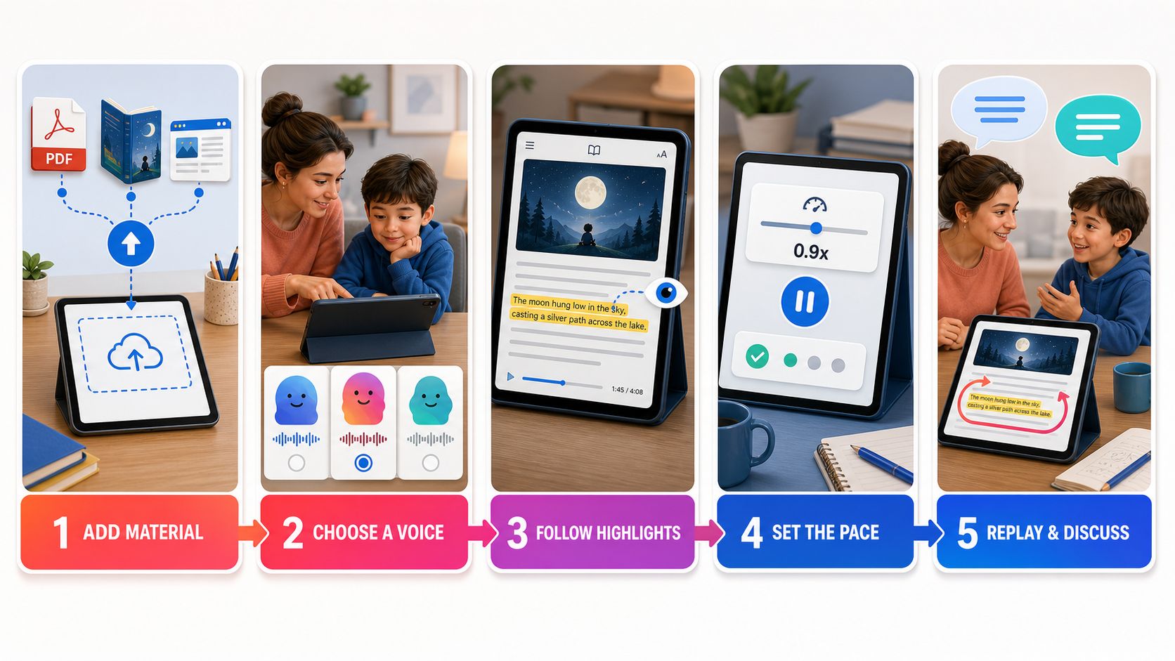 A five-step diagram shows a parent adding a short text to Readify, selecting a clear voice, following highlighted words, adjusting speed, and replaying one difficult sentence.