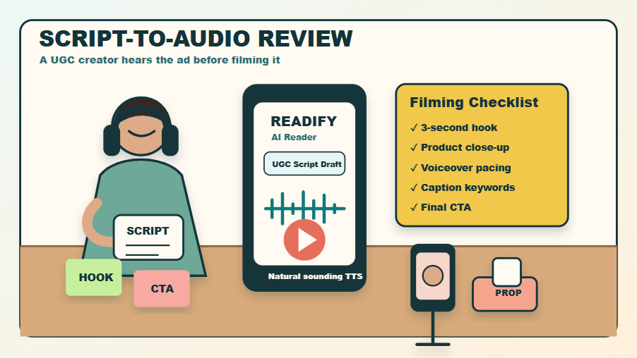 Image description: A creator wearing headphones listens to a UGC script in Readify, then checks hook quality, product shots, voiceover pacing, captions, and the final call to action before filming.