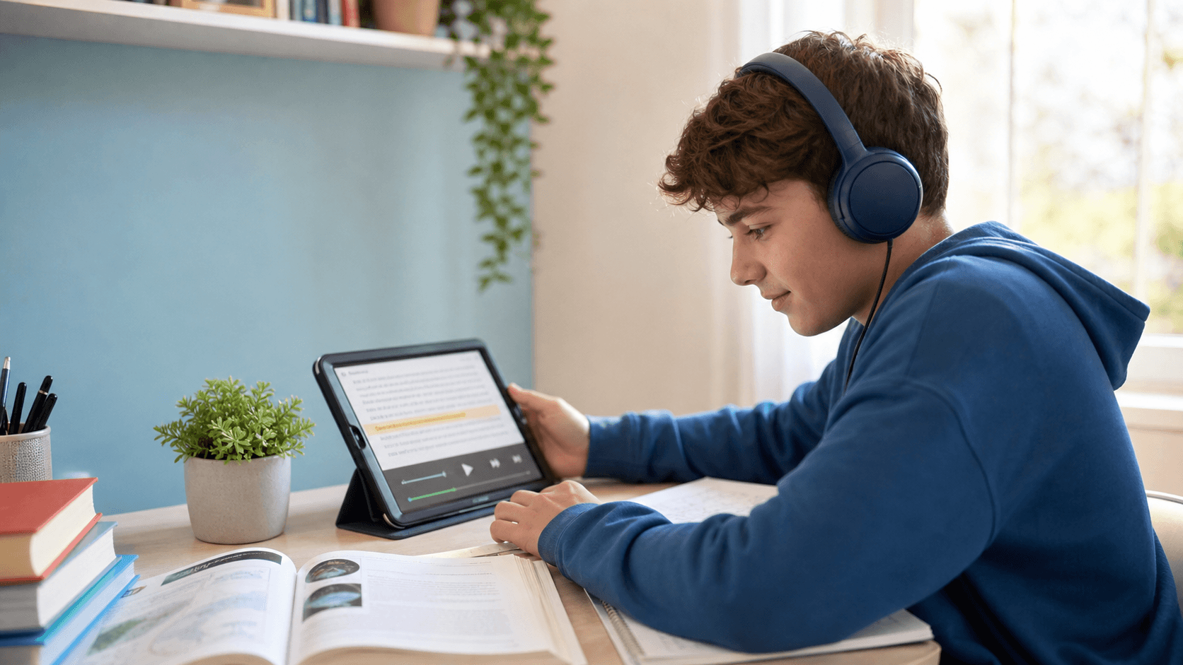A student with a textbook in his hands and a tablet with a text-to-speech reader with highlighted text in front of him.