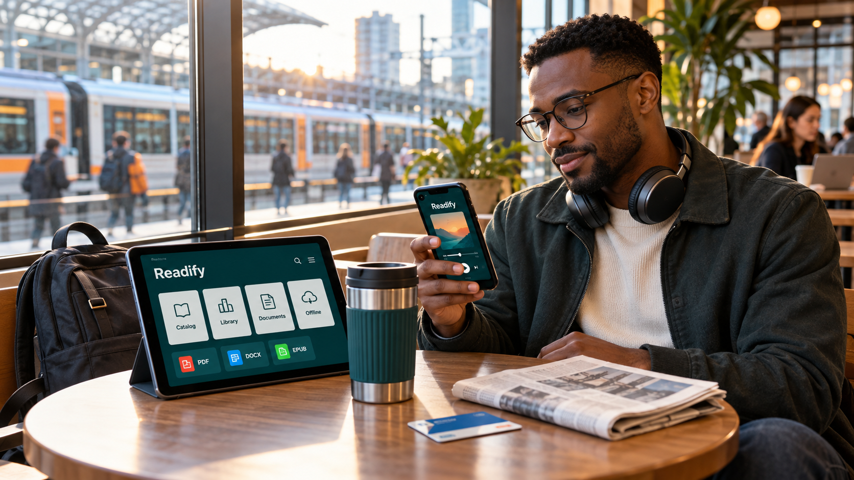 Image description: A commute listening scene comparing catalog audiobook apps with Readify for offline document listening, showing headphones, use cases, and app differences.