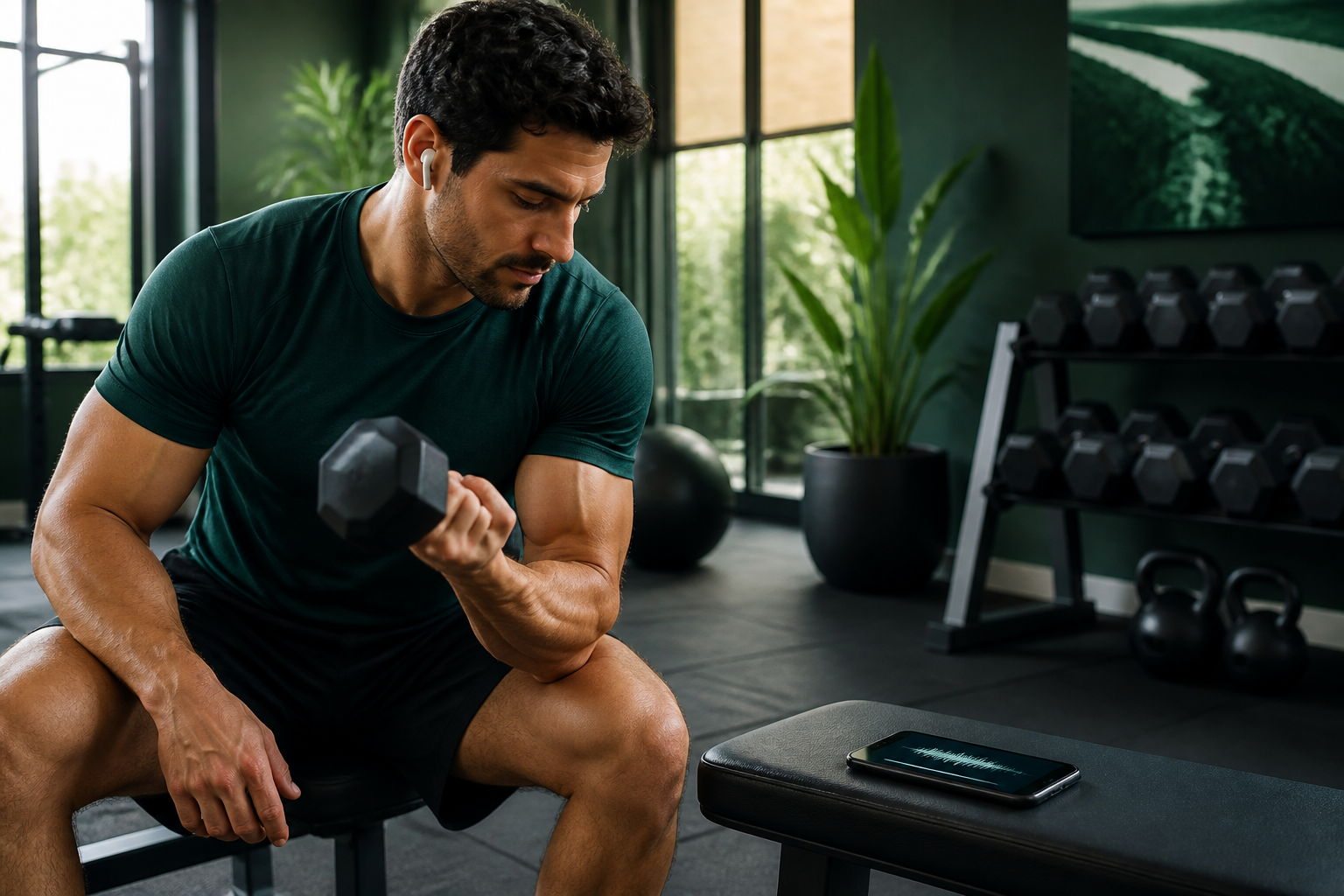 A person completes a controlled dumbbell exercise with audio controls prepared nearby, representing safe, focused listening during strength training.