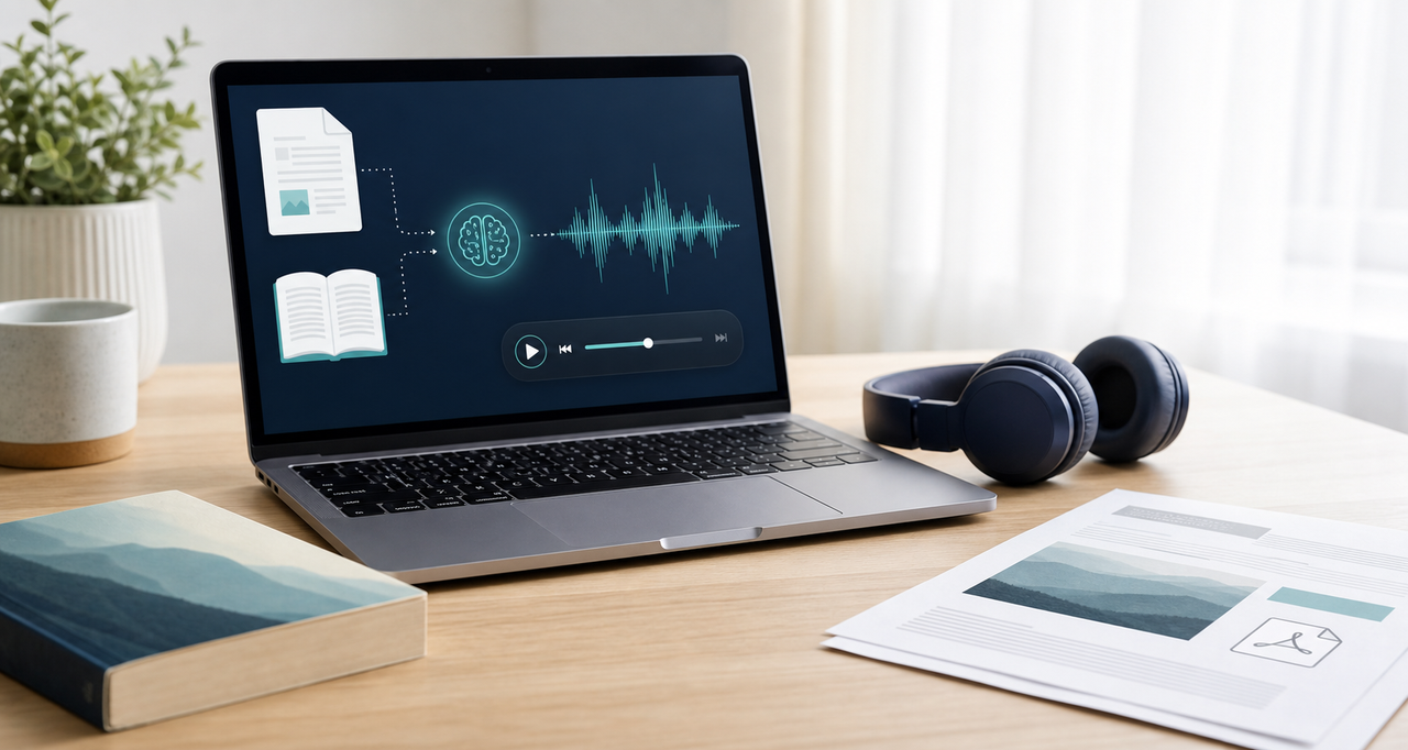 A laptop, PDF, ebook, headphones, and an abstract audio waveform illustrate a document-to-audio workflow.