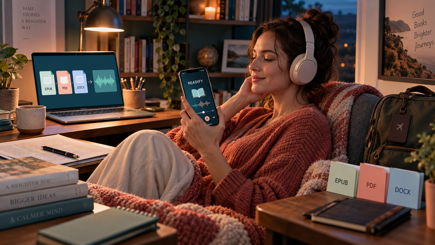 Image description: A cozy evening reading scene showing a reader with headphones using Readify on a phone while a laptop displays EPUB, PDF, and DOCX files turning into an audio waveform.