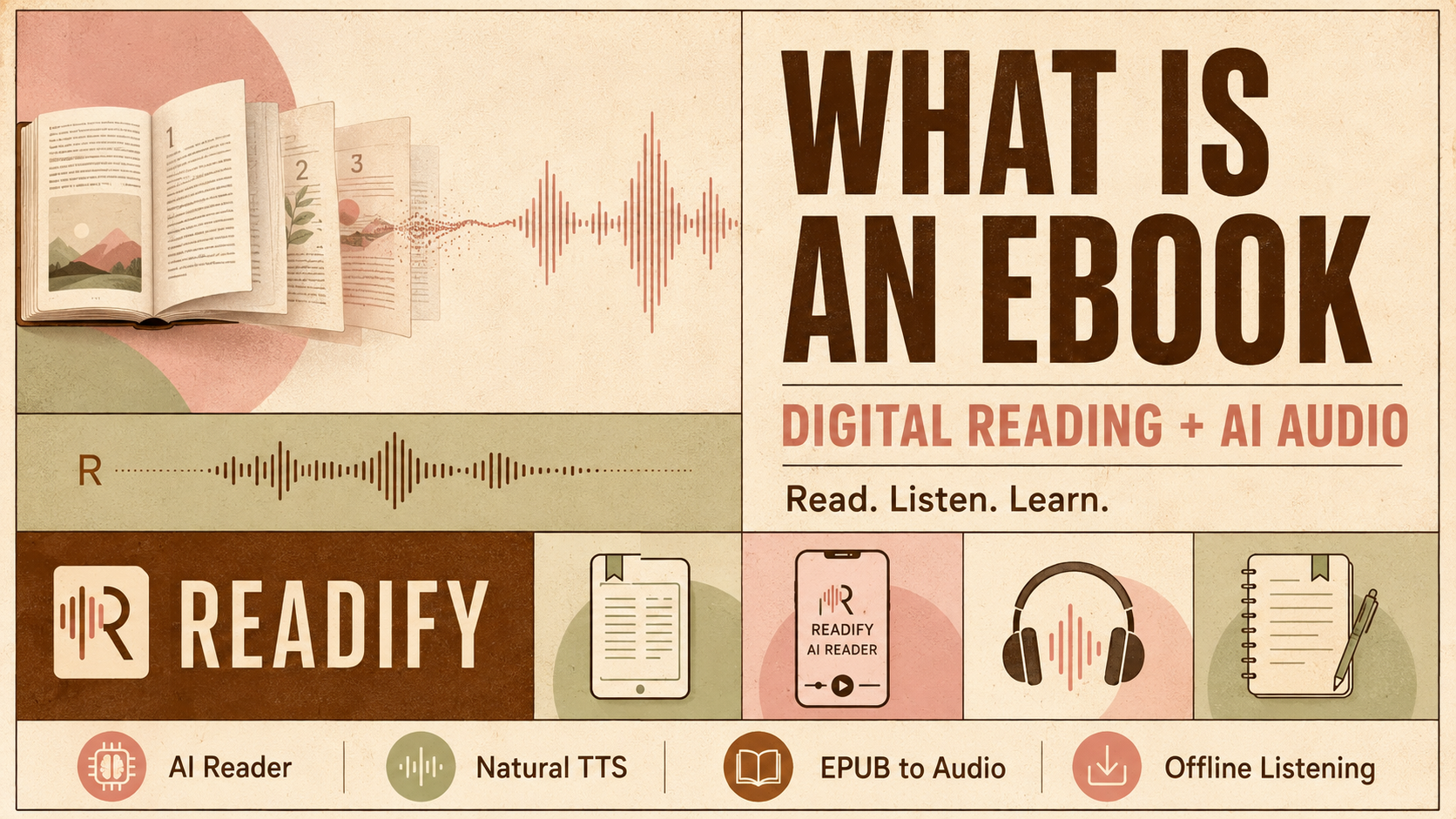 What is an ebook poster showing Readify AI Reader, digital reading, ebook formats, and AI audio features