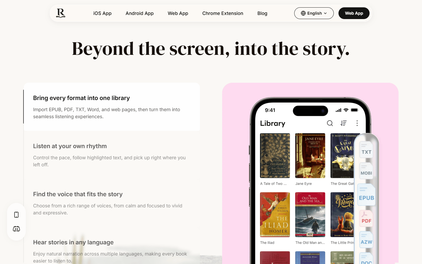 Readify library interface showing support for PDF, EPUB, TXT, MOBI, AZW, and other reading formats