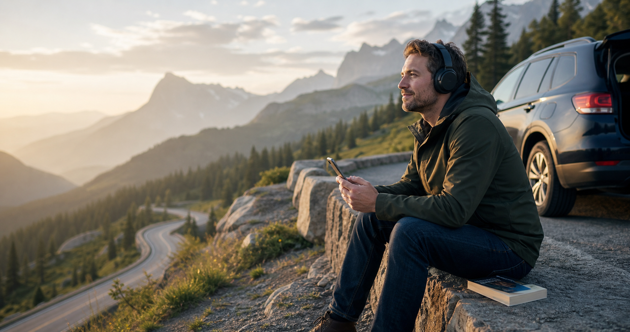 A solo traveler listens to an audiobook safely during a rest stop with a mountain highway in the background.