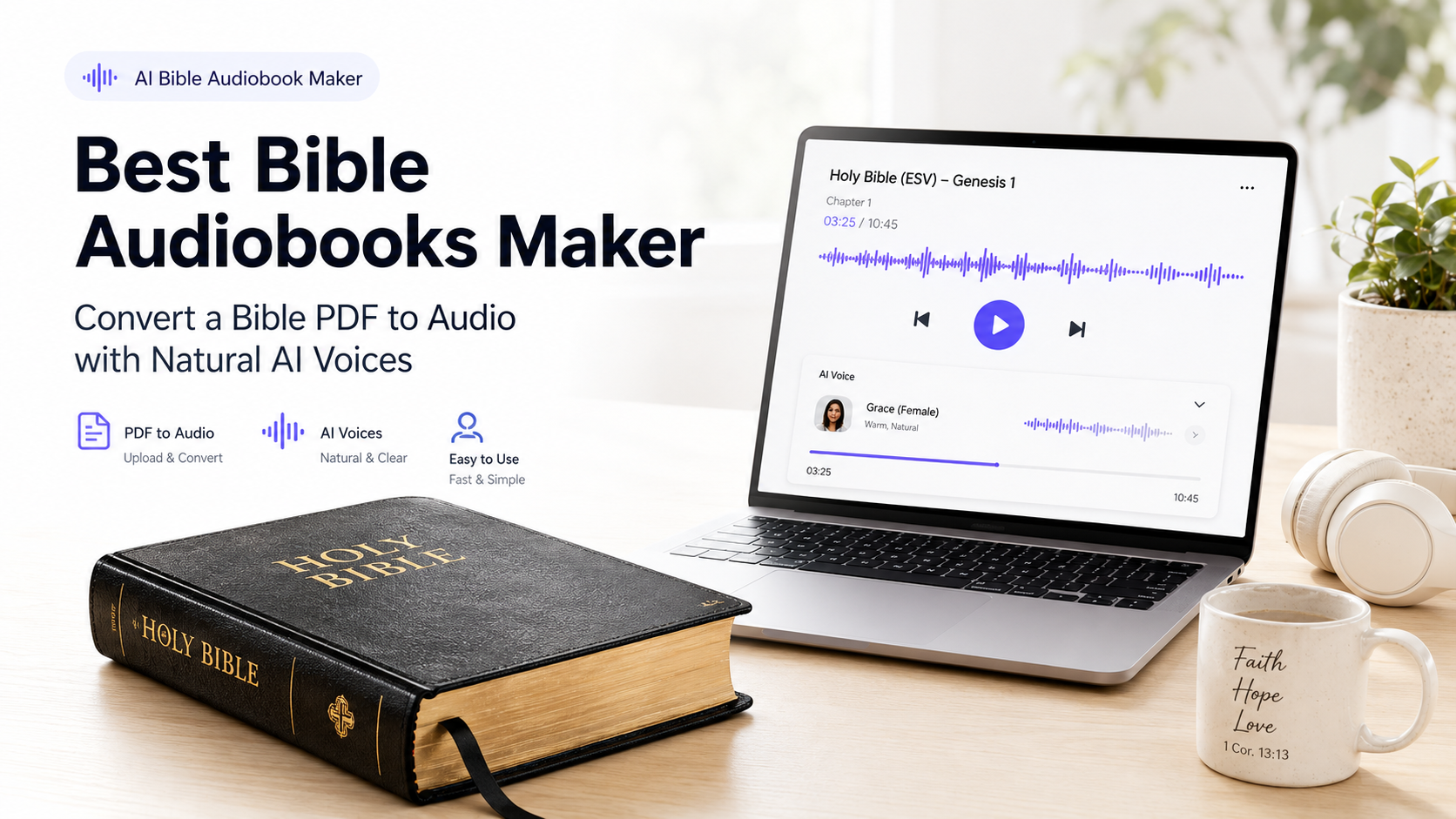 Create personalized Bible audiobooks from a Bible PDF or daily devotional book with Readify. Learn how to convert PDF to audio using natural AI voices.