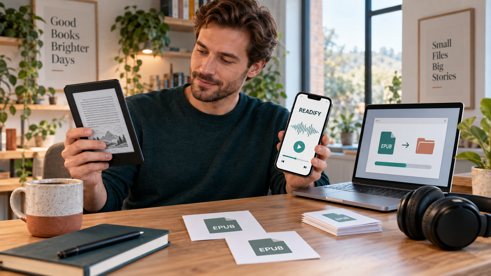 Image description: A realistic desk scene showing a reader with a generic e-reader, EPUB file cards, a laptop transfer workflow, headphones, and a Readify phone player for audio reading.