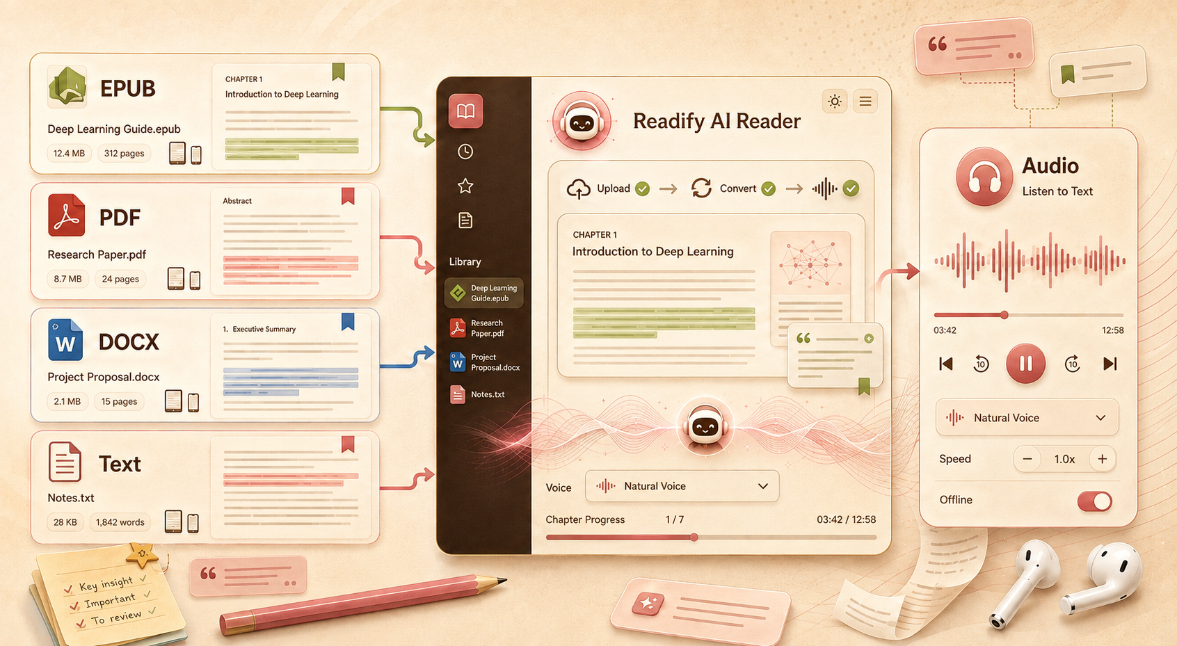 Image description: EPUB, PDF, DOCX, and text formats flow into Readify AI Reader and become audio.