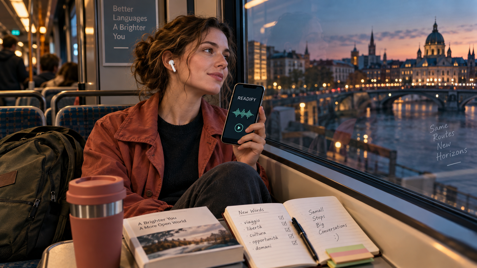 Image description: A cinematic commute scene showing a foreign adult learner using Readify on a smartphone with earbuds, language notes, a notebook, and city lights outside the window, illustrating offline listening during small daily gaps.