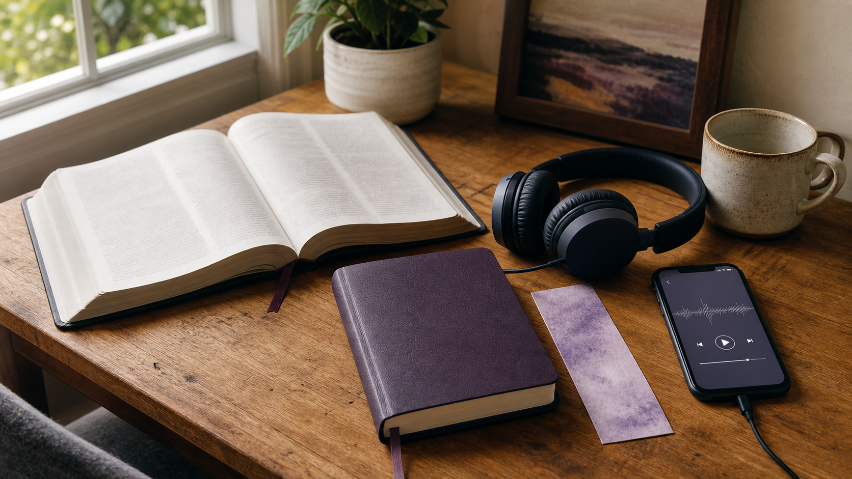 Daily devotional book beside headphones and an audio Bible app
