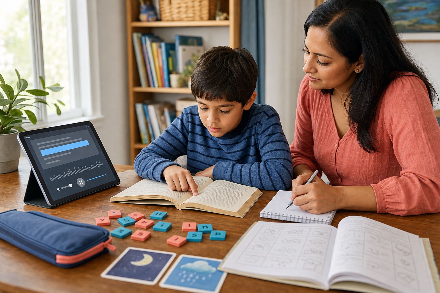 A parent sits beside a child reading a short book, calmly noting difficulty with letter sounds, spelling, and rhyming without showing frustration.