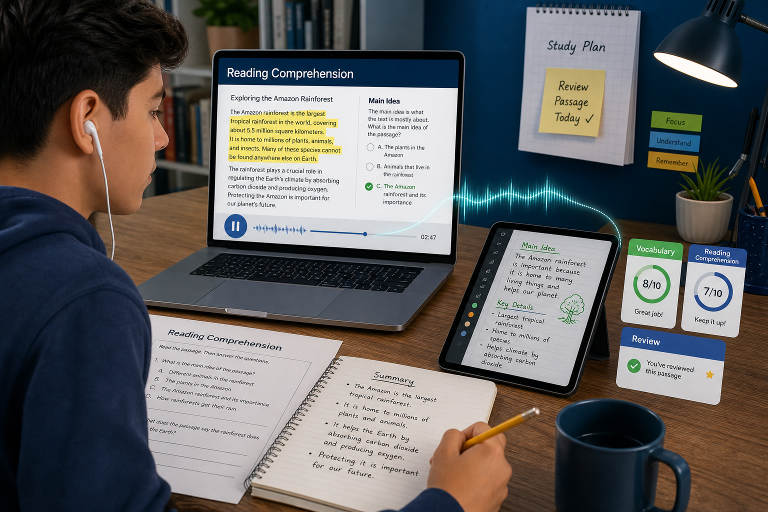  A richer study workflow with reading comprehension questions, main idea notes, vocabulary cards, review reminders, and AI audio playback for repeated practice.