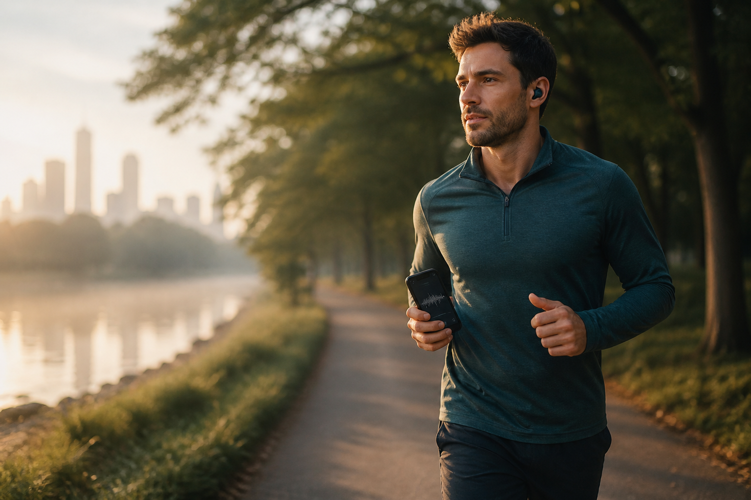A runner listens through ambient headphones on a quiet park path, showing a safe, focused audiobook routine.