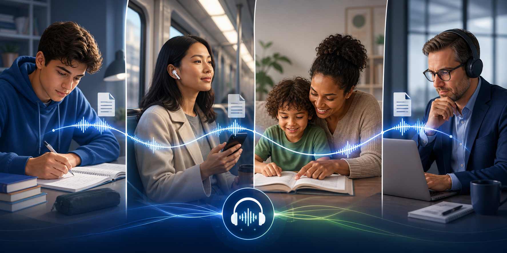 Four daily scenes show a student, commuter, parent, and professional using AI audio reading across different learning moments.