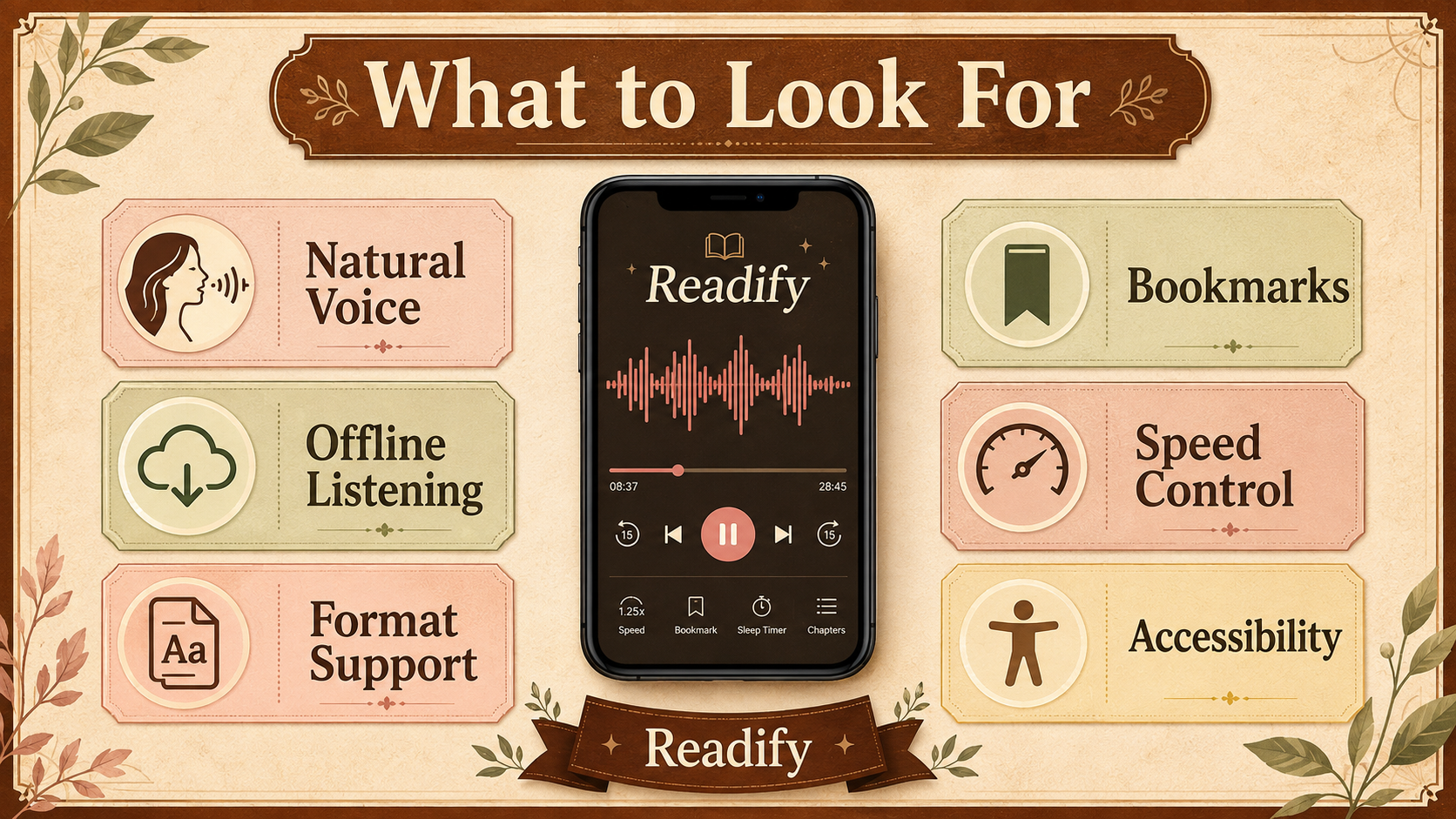 Image description: A feature checklist shows what to consider in an audiobook app, including natural voice, offline listening, format support, bookmarks, speed control, and accessibility.
