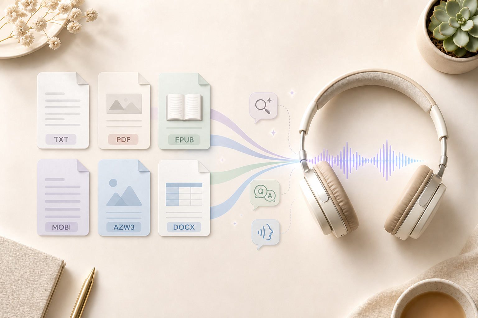 A visual document-to-audio workflow shows multiple file types moving toward headphones and an audio waveform.