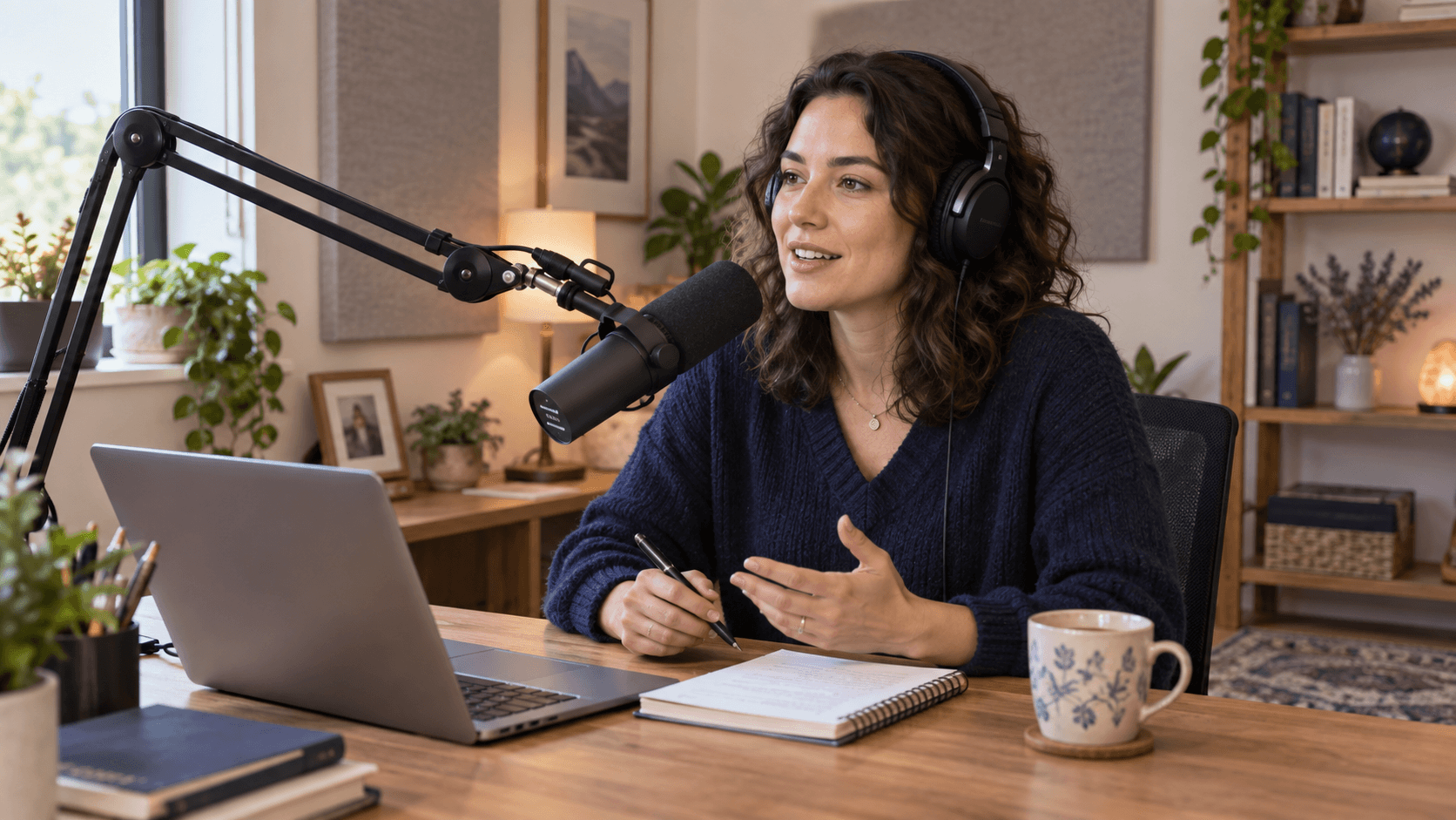 Creator recording a podcast with a microphone and closed-back headphones