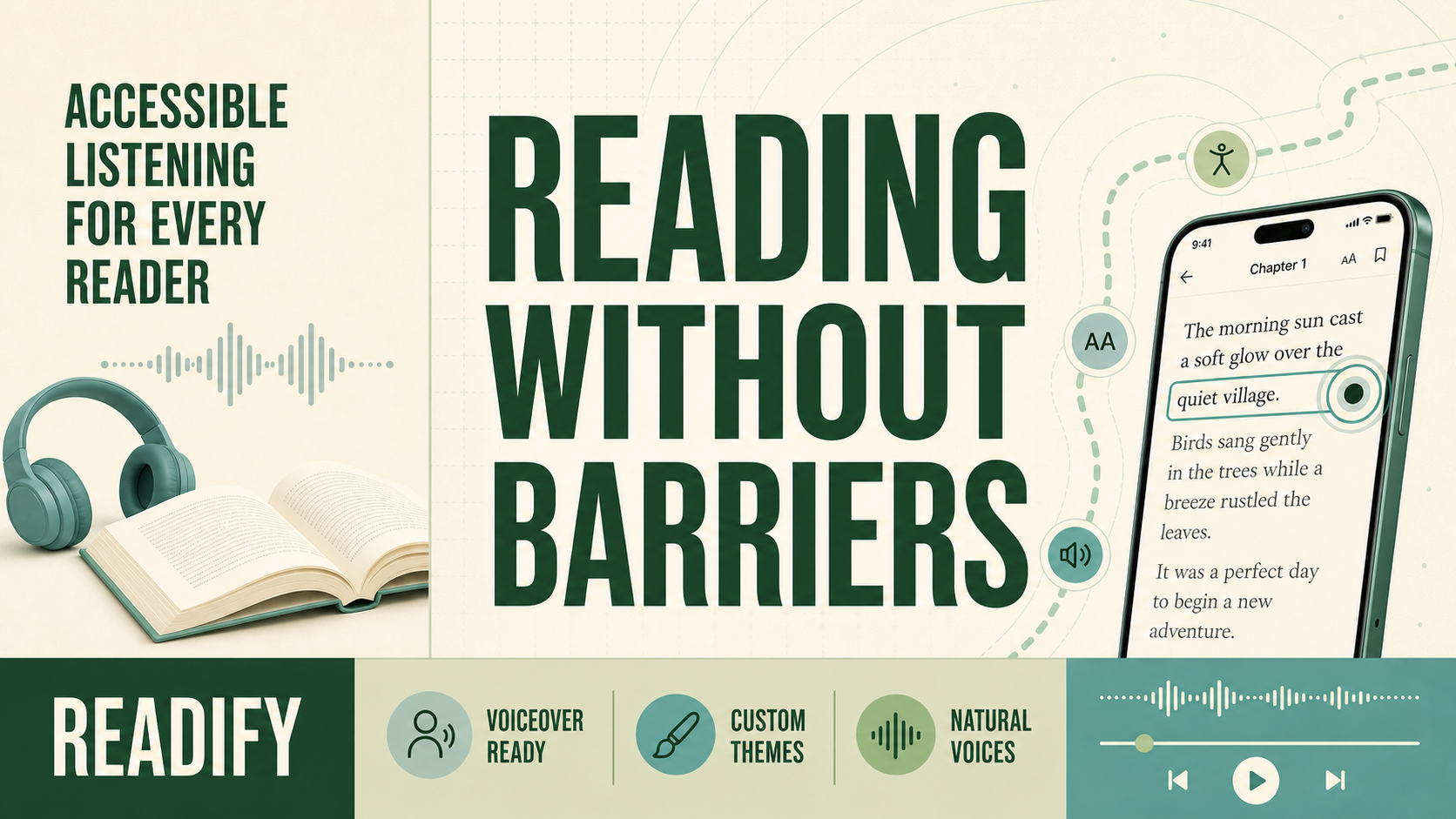 Readify accessibility cover showing barrier-free reading with VoiceOver navigation, custom themes, and natural voices.