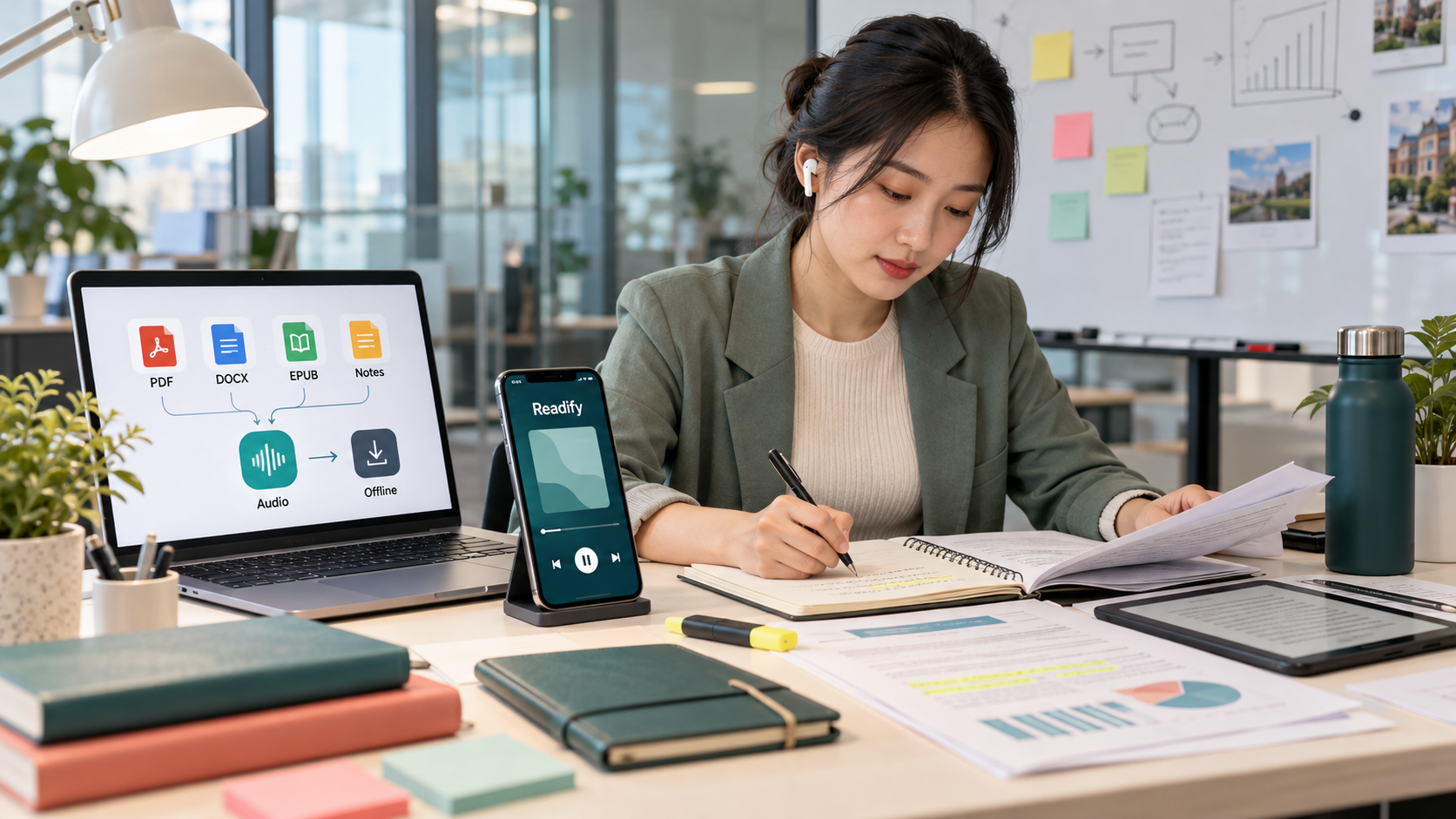 Image description: A document-to-audio workflow showing how Readify turns PDF, DOCX, EPUB, notes, and articles into audio for study, work, accessibility, and offline listening.