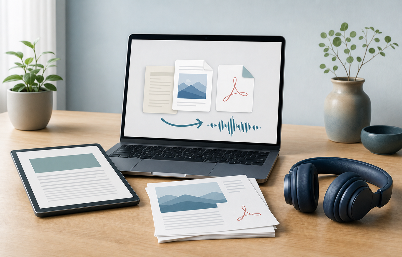  Generic ebook and PDF documents are shown moving through a simple document-to-audio workflow.