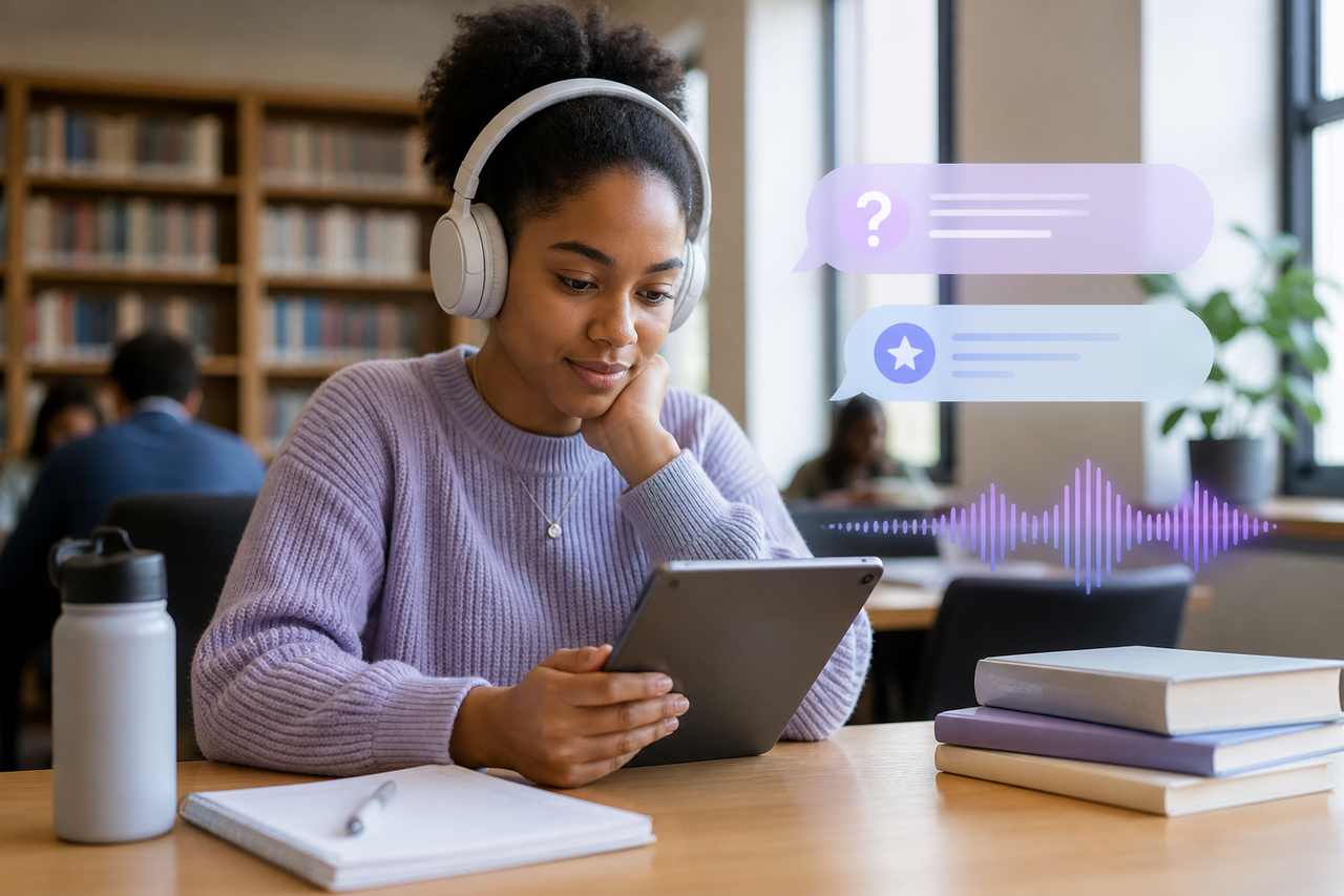 A student listens in a quiet library while using a tablet, with subtle abstract cues for audio learning and questions about a book.