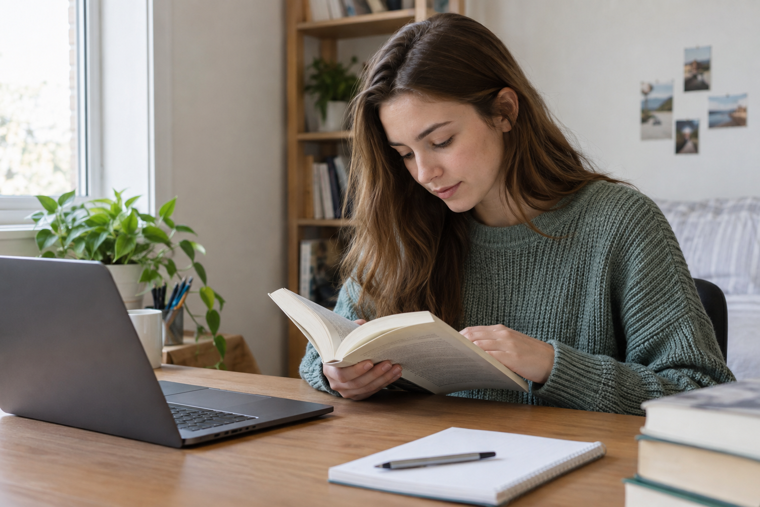 Image description: A realistic study desk scene showing an adult learner taking a speed reading test with WPM, comprehension, reading level, a timer, notes, headphones, and Readify audio review.