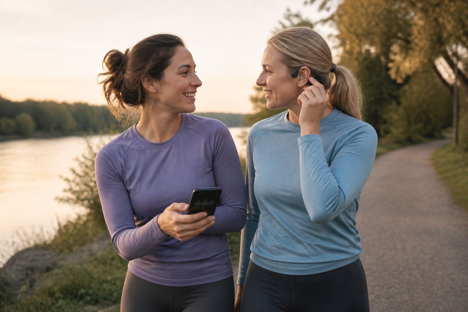 Two friends pair a relaxed walking workout with audio, showing how enjoyment and accountability can reinforce consistency.