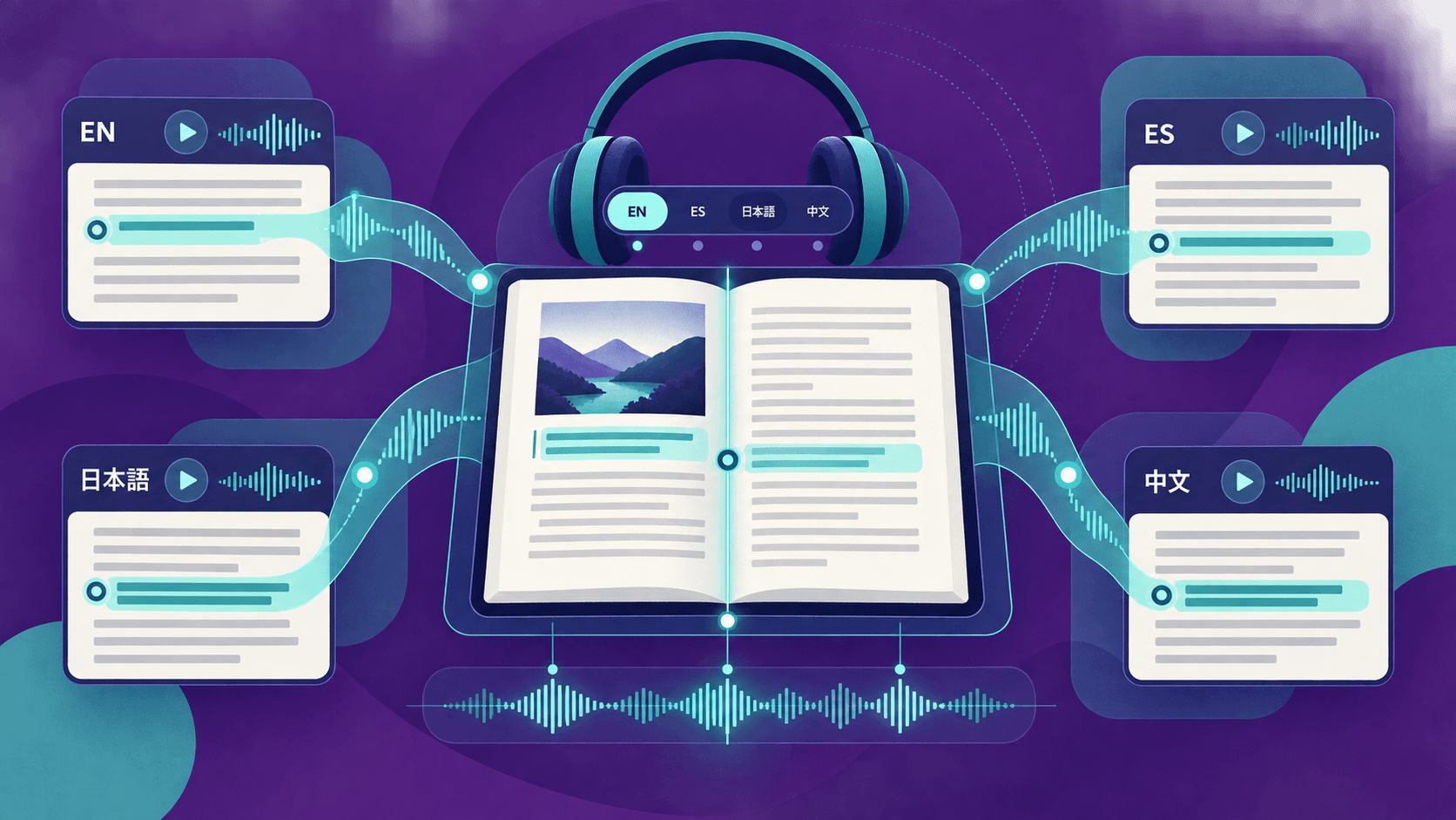 Digital reading document connected to English, Spanish, Japanese, and Chinese text-to-speech modules with synchronized highlights and audio waveforms.