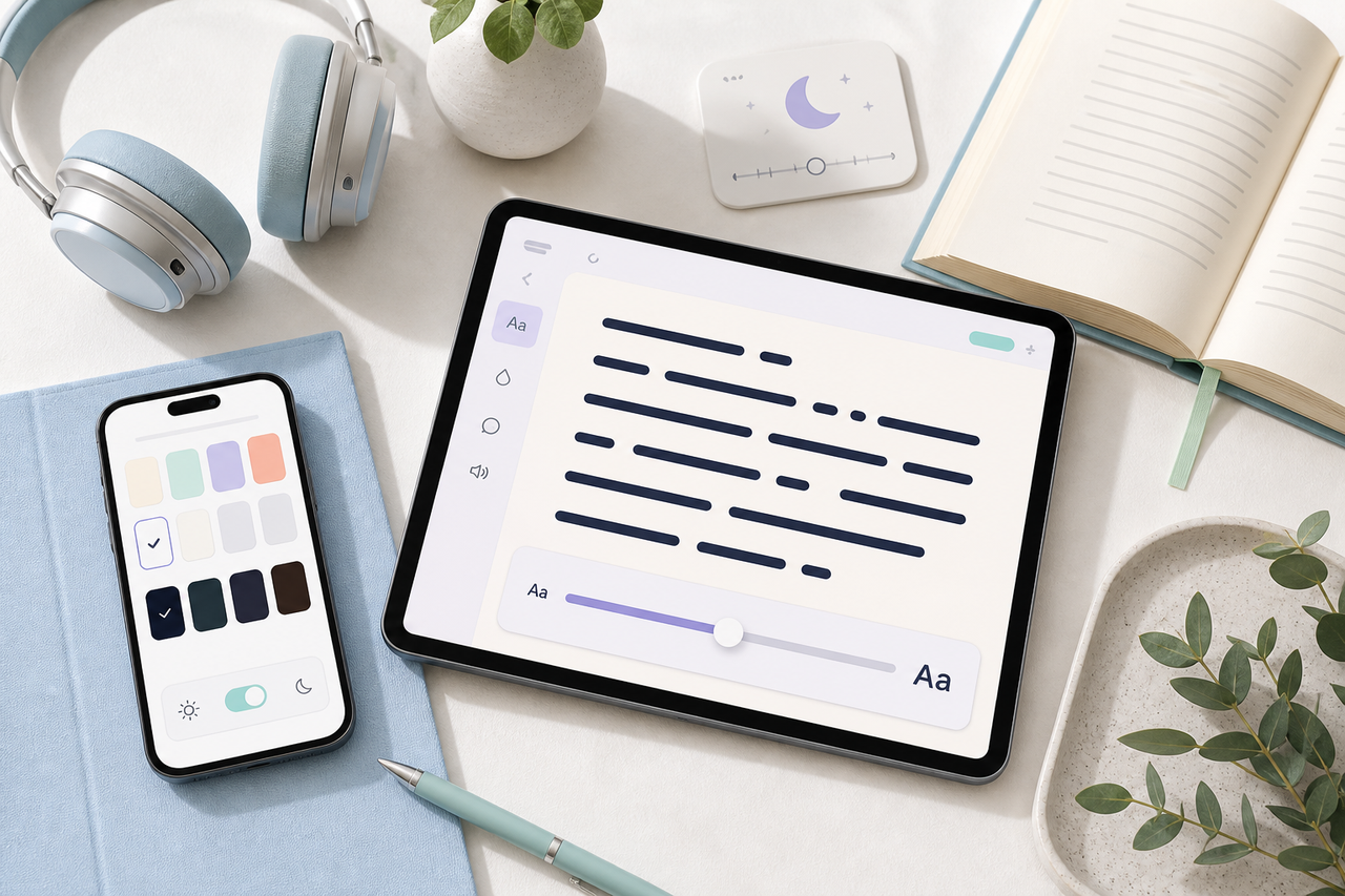 A tablet and phone beside headphones and an open book demonstrate adjustable font size, color themes, voice listening, and an evening timer.