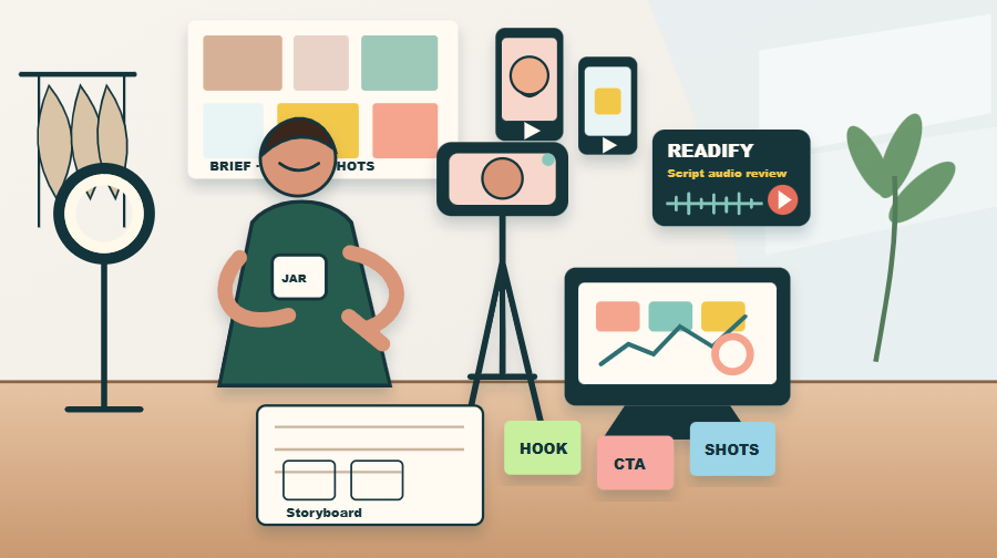 mage description: A detailed creator desk scene showing a person working from a brand brief, holding a script, reviewing it with Readify audio, filming on a phone tripod, and moving toward editing and publishing.