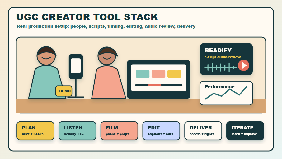 Image description: A studio-style creator workflow with a person filming product content, an editing timeline, a Readify audio review card, and a tool stack for planning, filming, editing, delivery, and analysis.