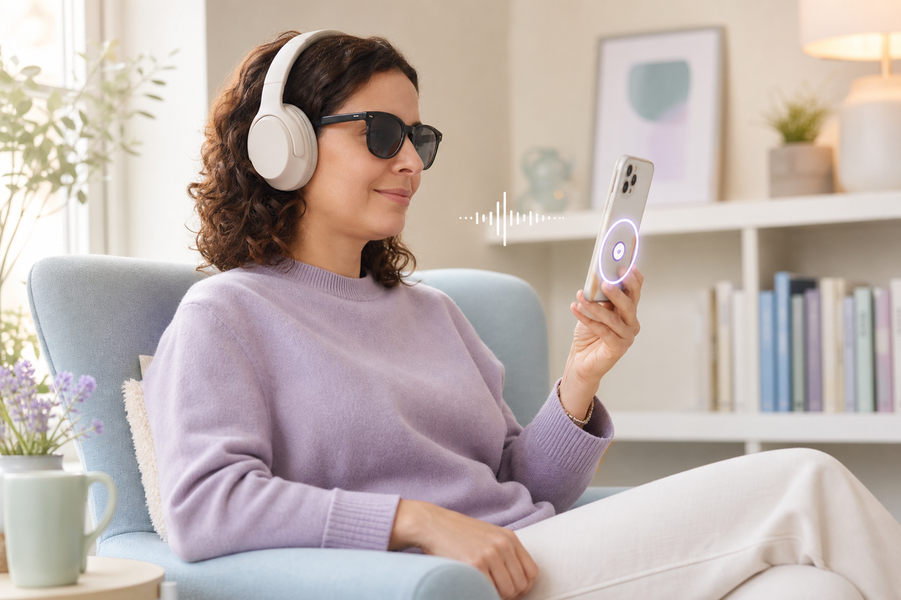 A visually impaired reader uses an iPhone and headphones independently, with subtle focus and audio cues that represent VoiceOver-friendly navigation.