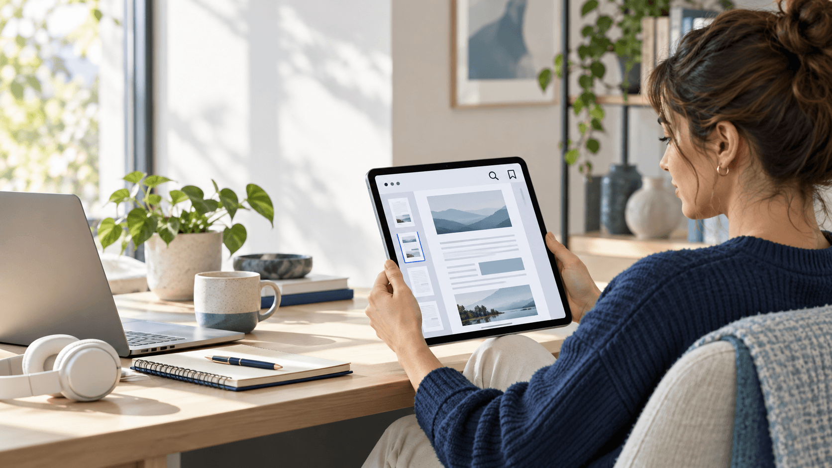 Reader opening a long PDF on a tablet with bookmarks and search visible