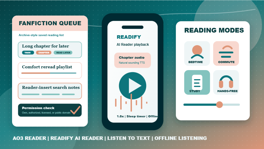 Image description: A premium editorial scene showing a reader moving from a fanfiction reading list into Readify AI Reader, then into hands-free audio mode for longer sessions.