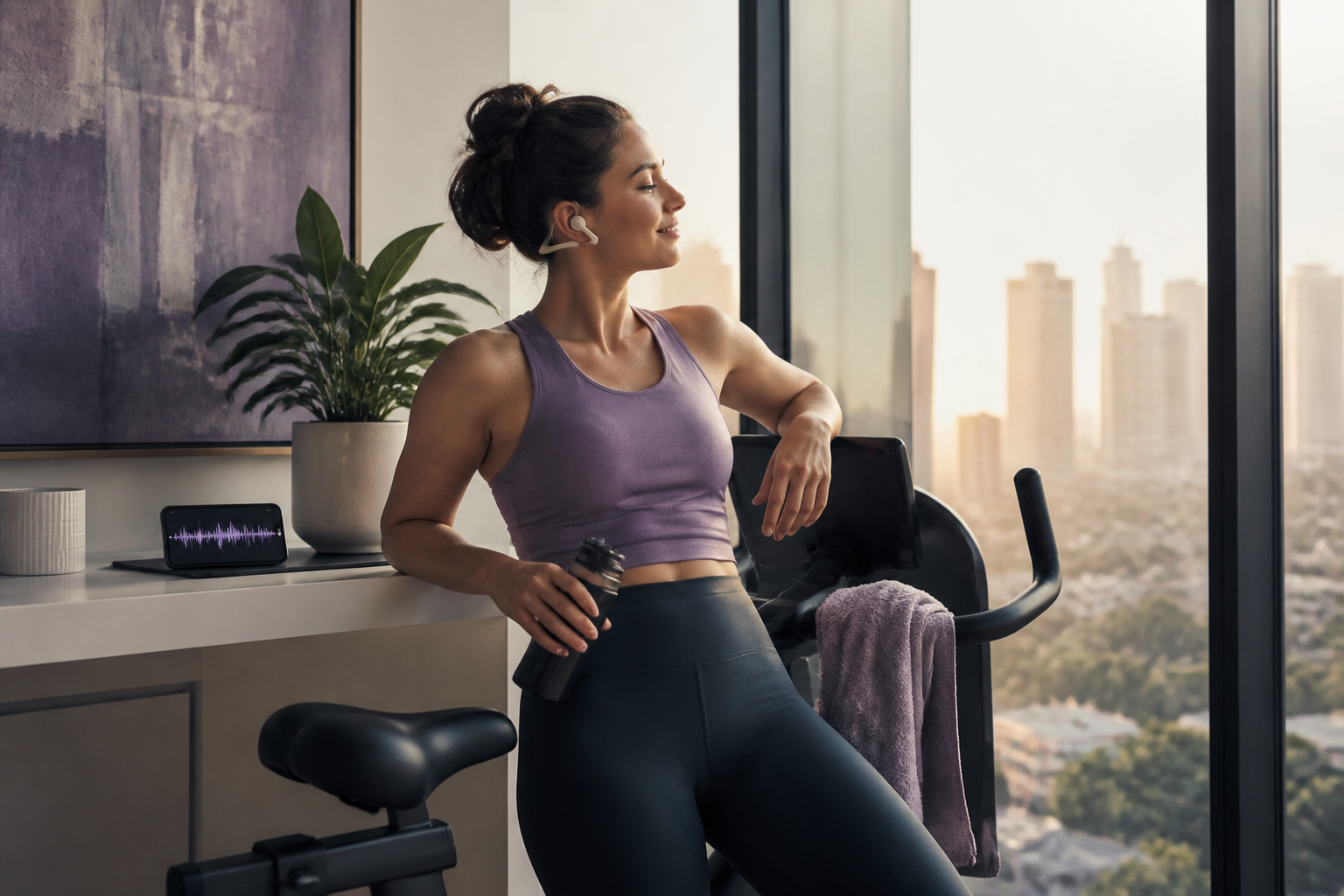 A calm home cycling workout with open-ear audio, showing how a chapter can become a positive training cue.