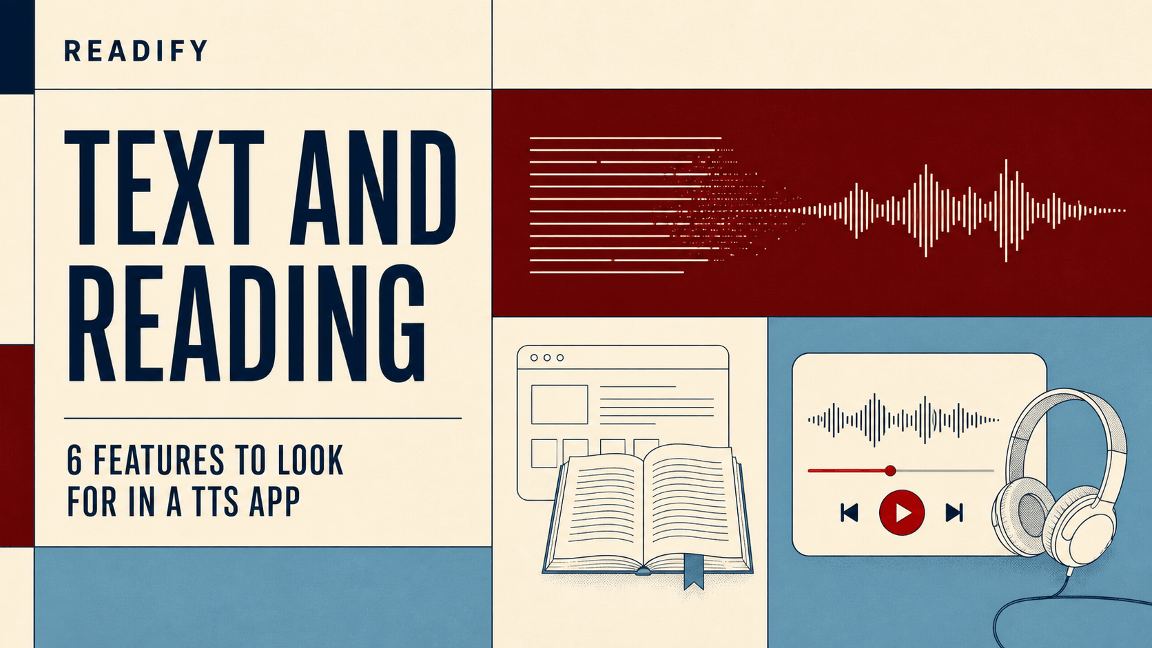 Editorial Readify cover showing written text transforming into audio beside a browser page, open book, playback controls, and headphones.