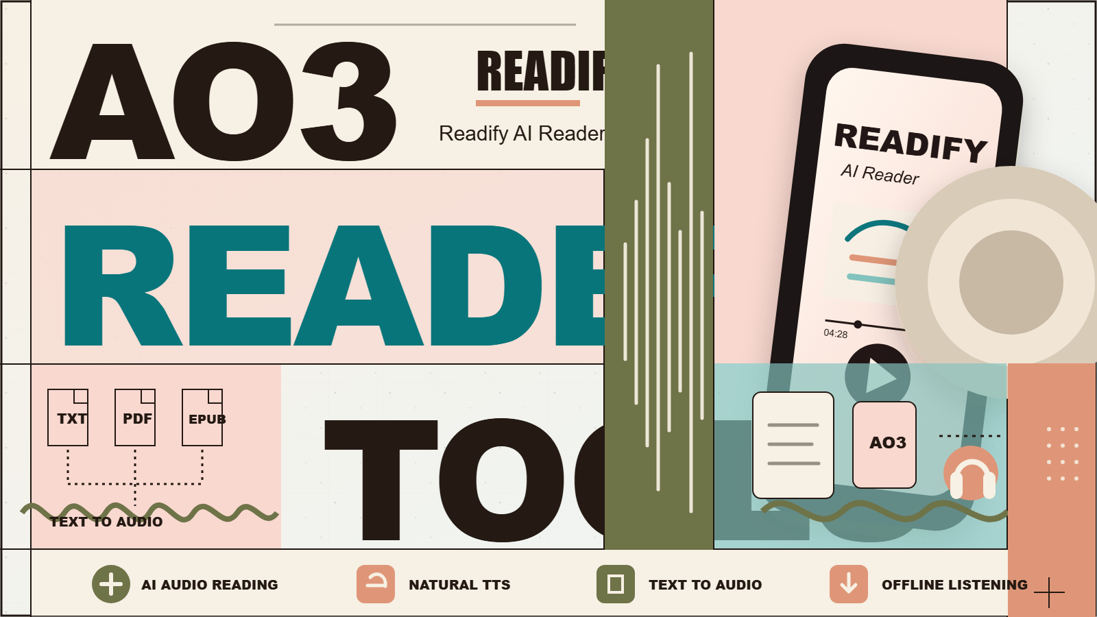 AO3 reader workflow with Readify AI Reader, fanfiction queue, text reading, and audio listening modes