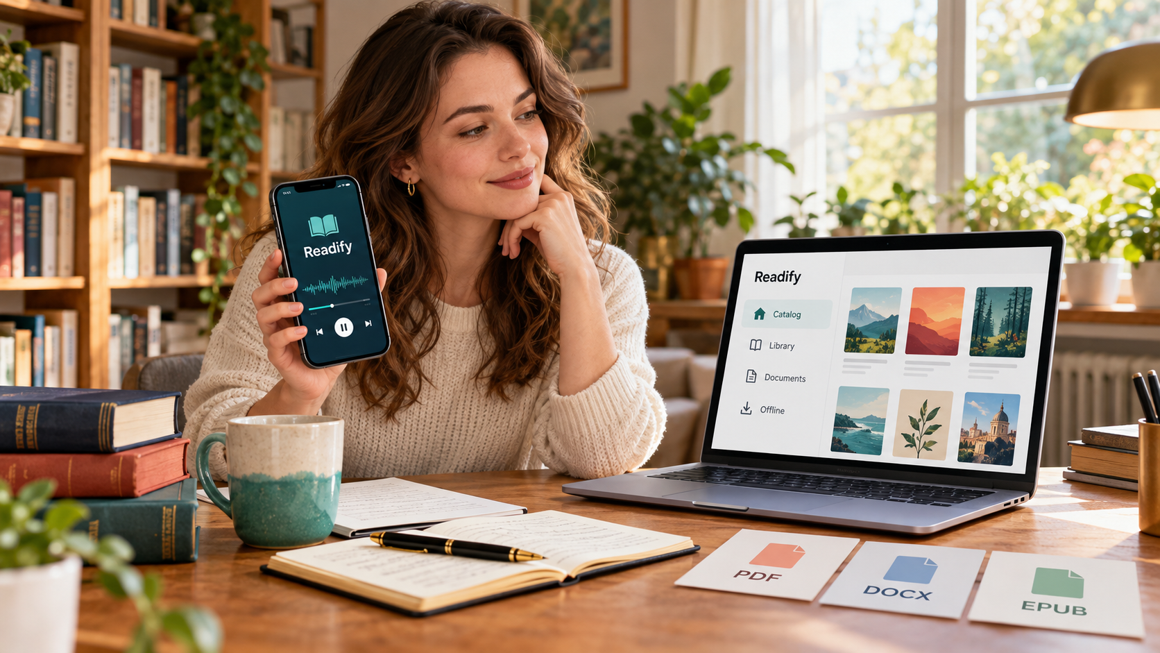 Image description: A realistic editorial dashboard showing a listener comparing audiobook apps by catalog, offline listening, documents, and Readify AI Reader workflows.