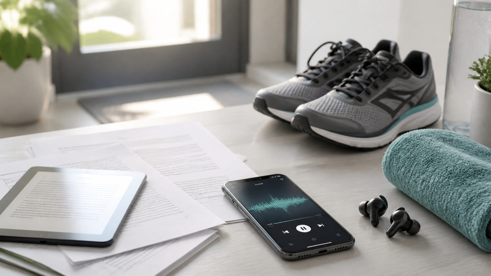 A conceptual visual of documents transforming into audio waves beside earbuds and running shoes, representing PDF to audio, EPUB to audio, DOCX to audio, and workout listening with Readify.