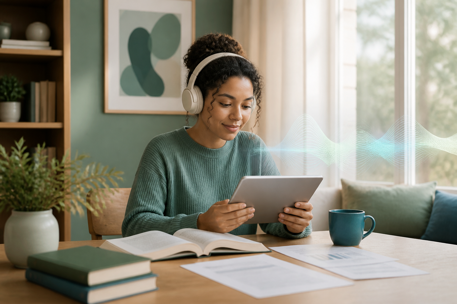 A learner uses a tablet and headphones beside an open book, illustrating calm, focused AI-assisted reading.