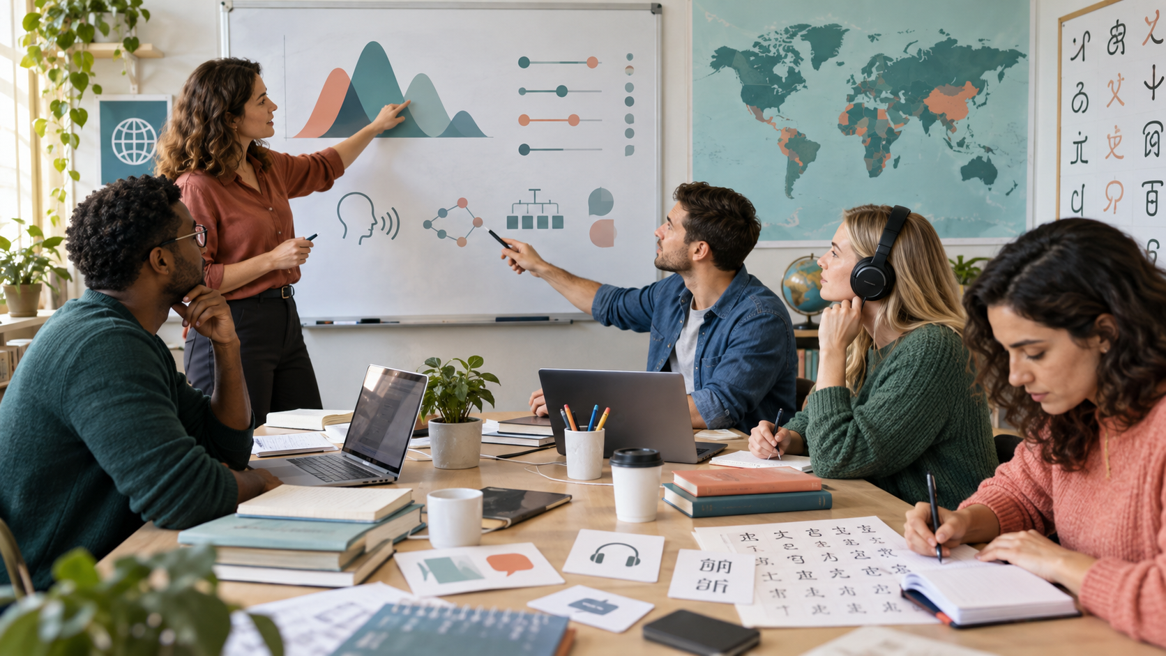 Image description: A realistic language-school classroom with a teacher and diverse adult learners discussing language difficulty, writing systems, pronunciation, grammar patterns, and exposure using a world map and visual learning board.