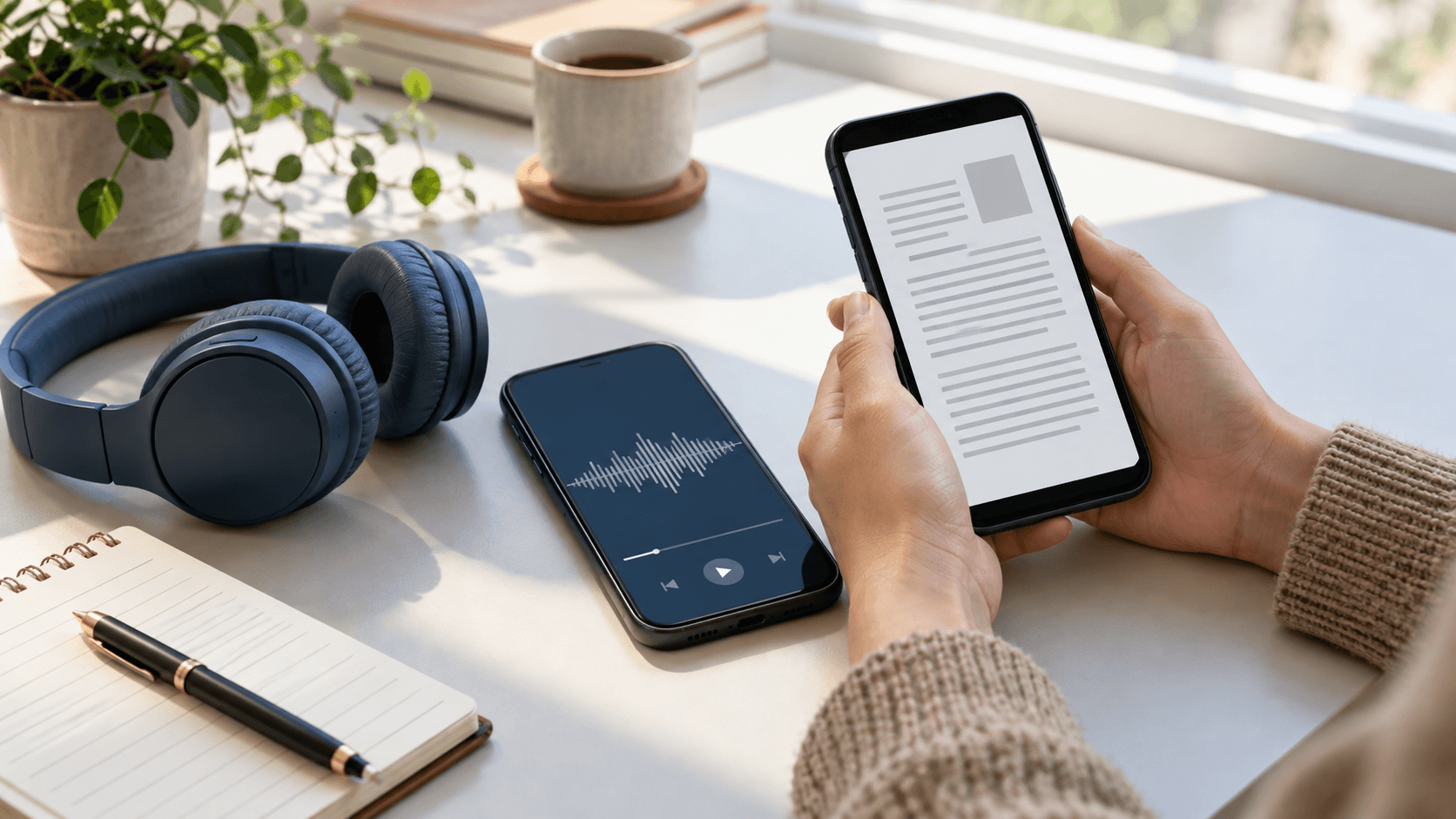 Person switching from reading a PDF to PDF read aloud on a mobile device