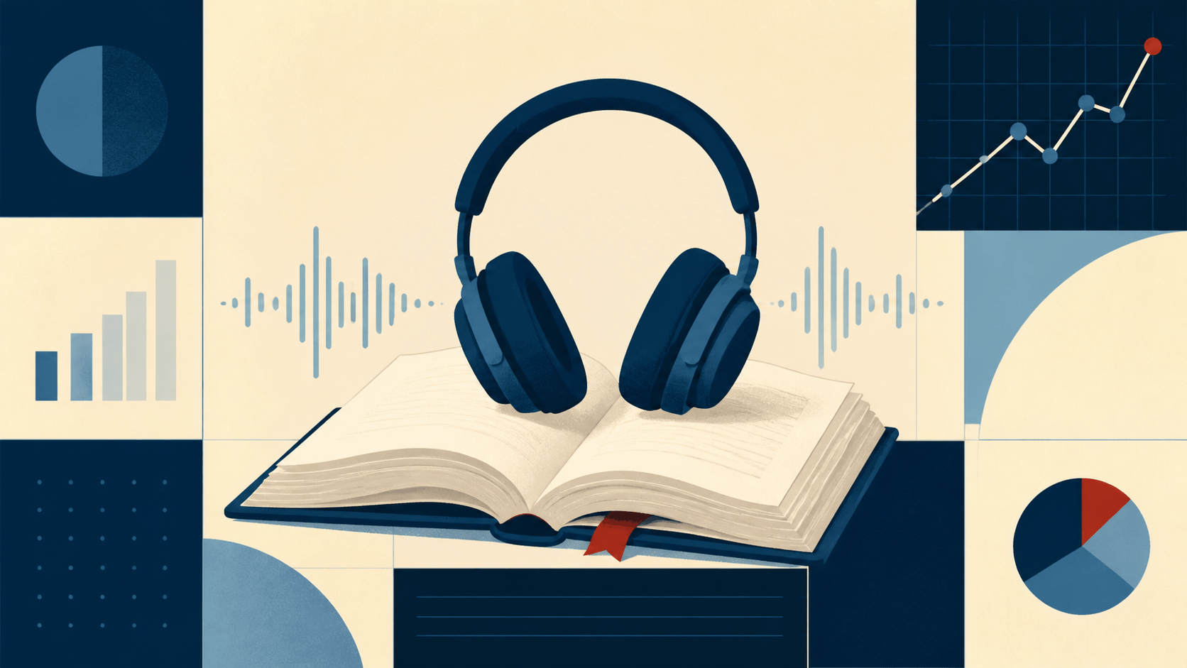 Open finance book with headphones, audio waveforms, and market charts illustrating how professionals listen to personal finance books.