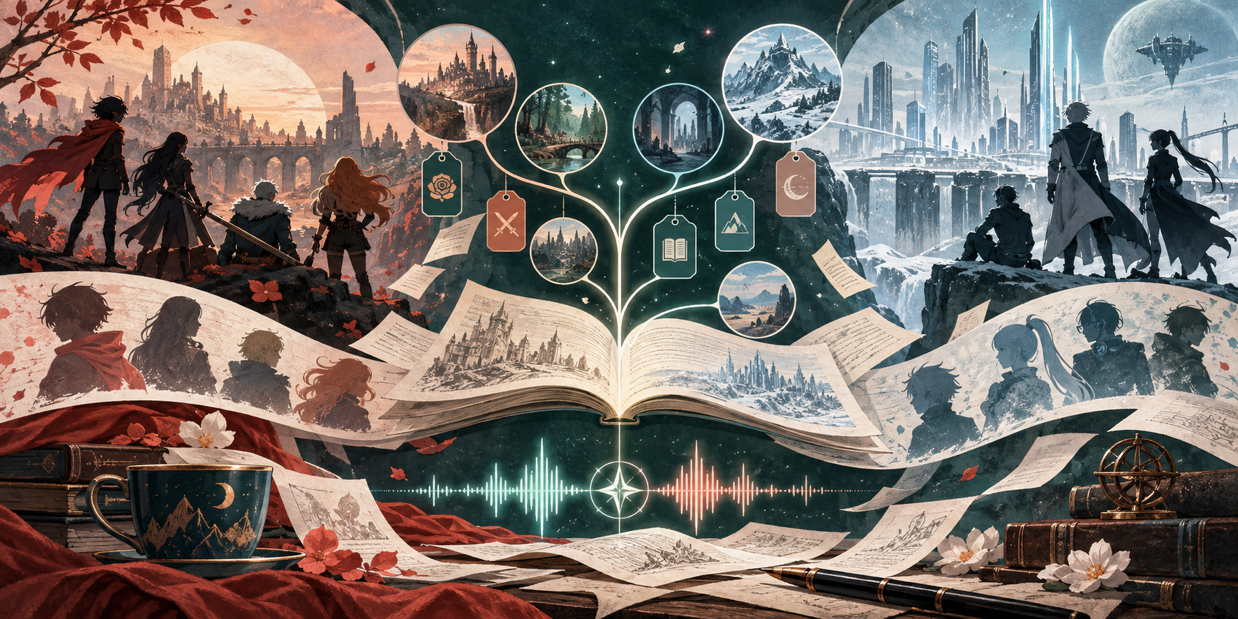 Image description: A premium editorial composition showing two original fictional story worlds meeting through manuscript pages, tags, branching timelines, and a shared audio waveform.