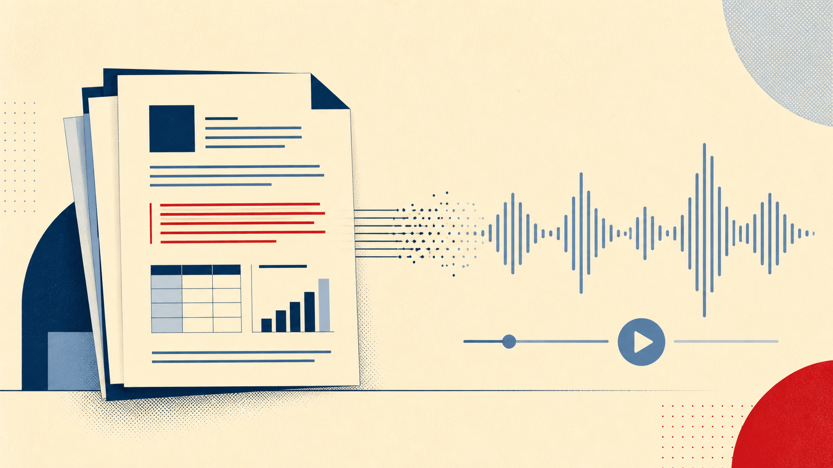 Financial report pages transforming into an audio waveform for listening to finance PDFs, research materials, and professional reports.