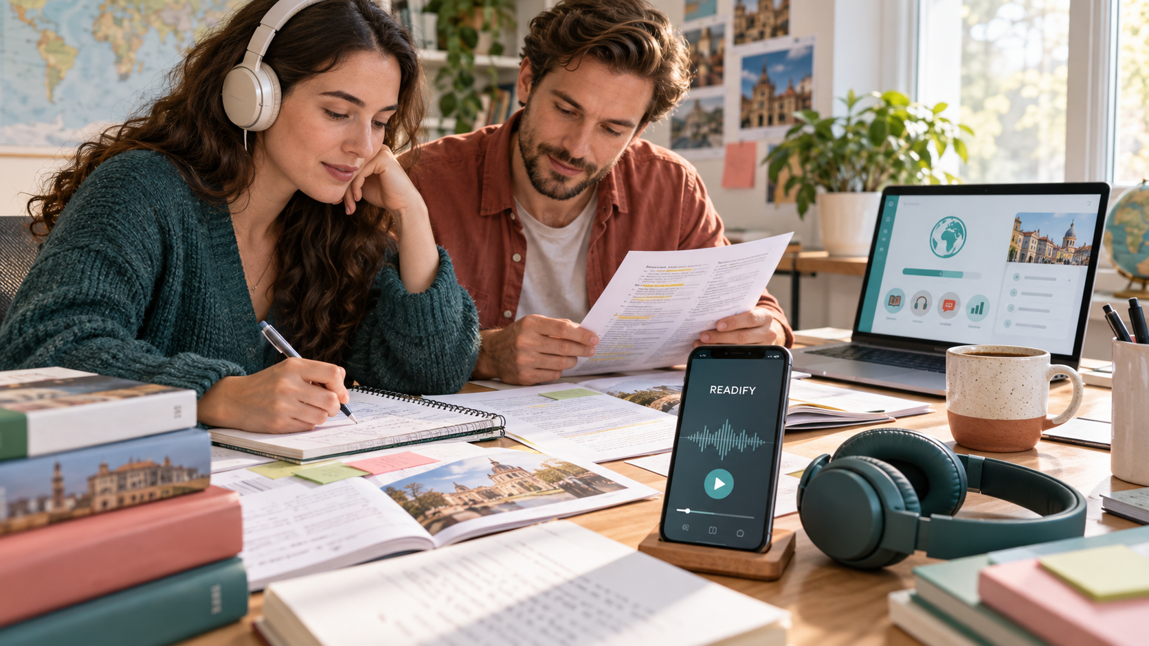 Image description: A realistic study scene with adult foreign language learners reviewing printed notes, textbooks, a laptop, headphones, and a Readify audio reader on a phone, showing how reading and listening can become a daily language-learning routine.